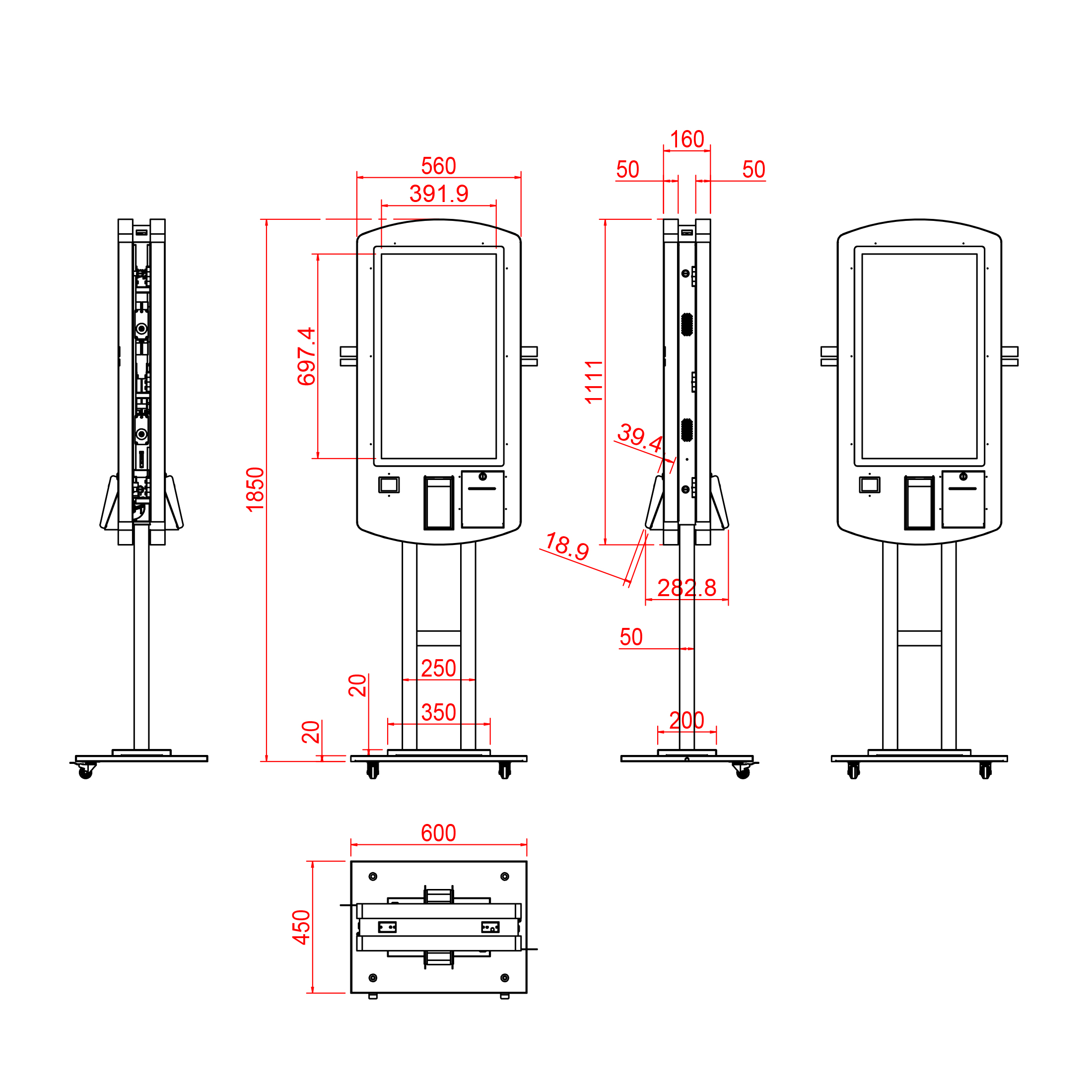32 inch double-side floor-standing kiosk dimension drawing