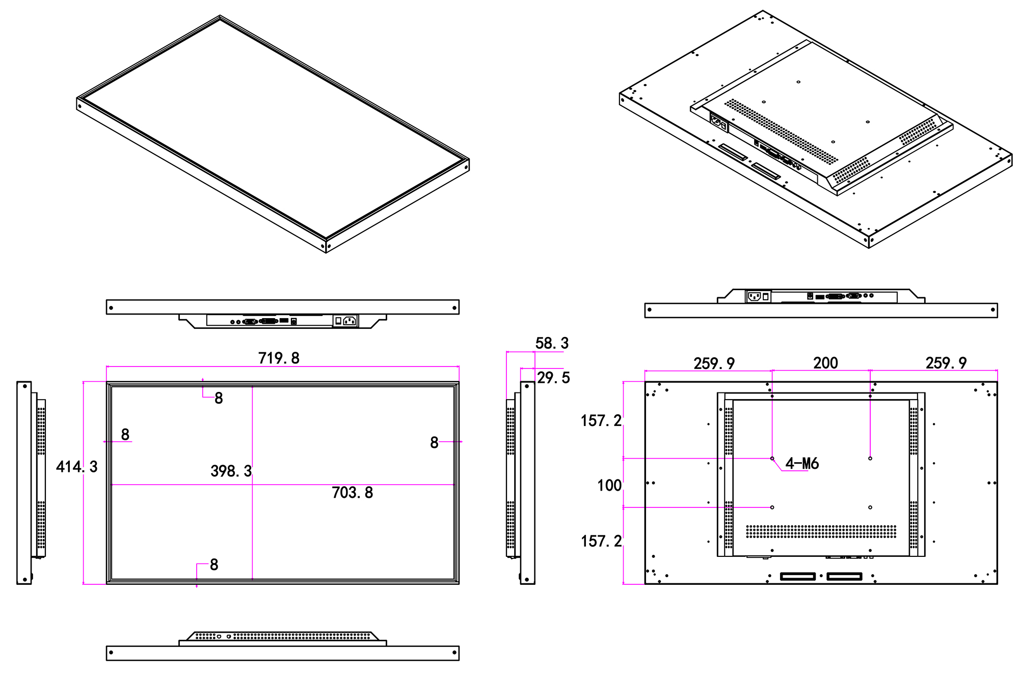 32 inch indoor digital signage display dimension drawing