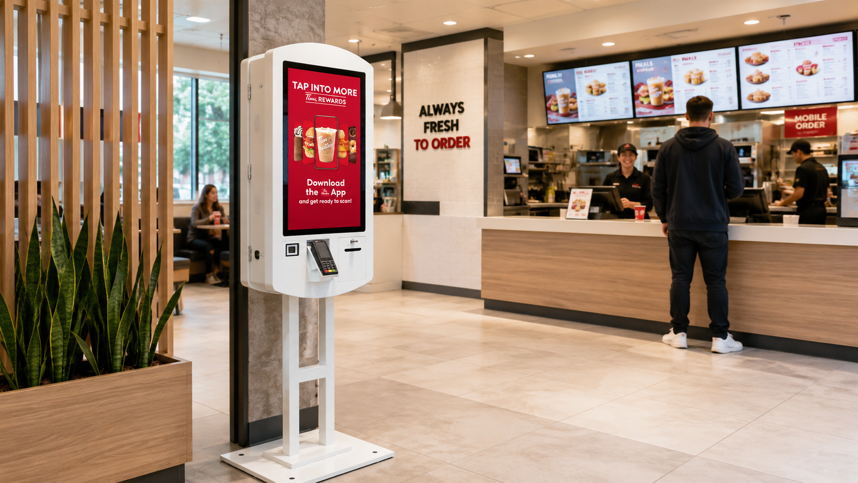 32 inch touch screen self-ordering kiosk in QSR restaurant