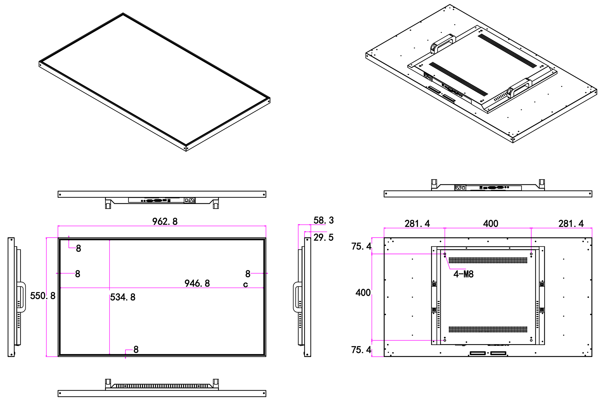 43 inch indoor digital signage display dimension drawing