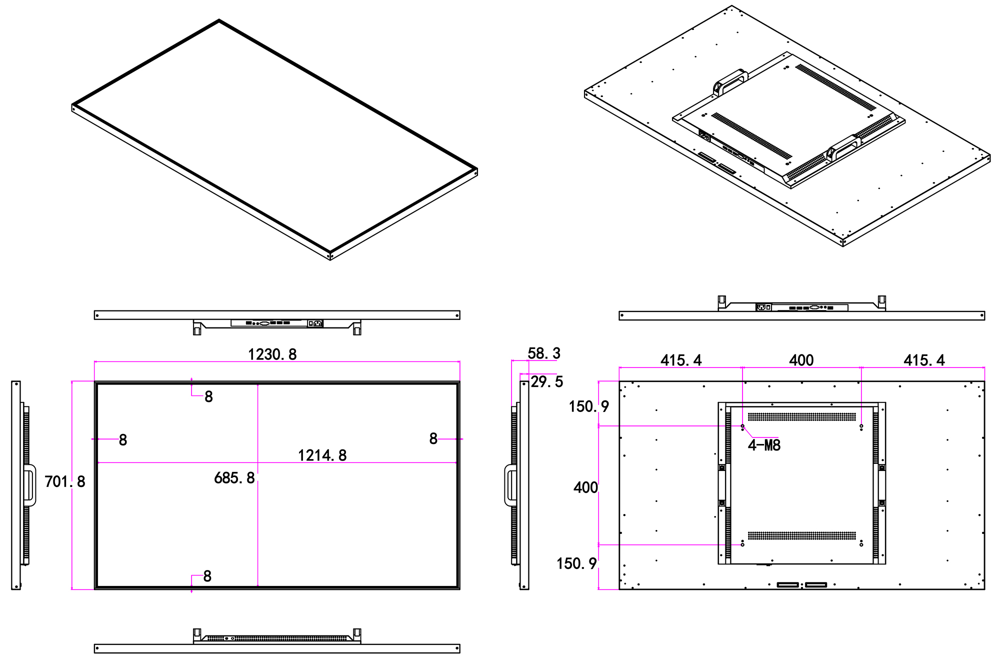 55 inch indoor digital signage display dimension drawing