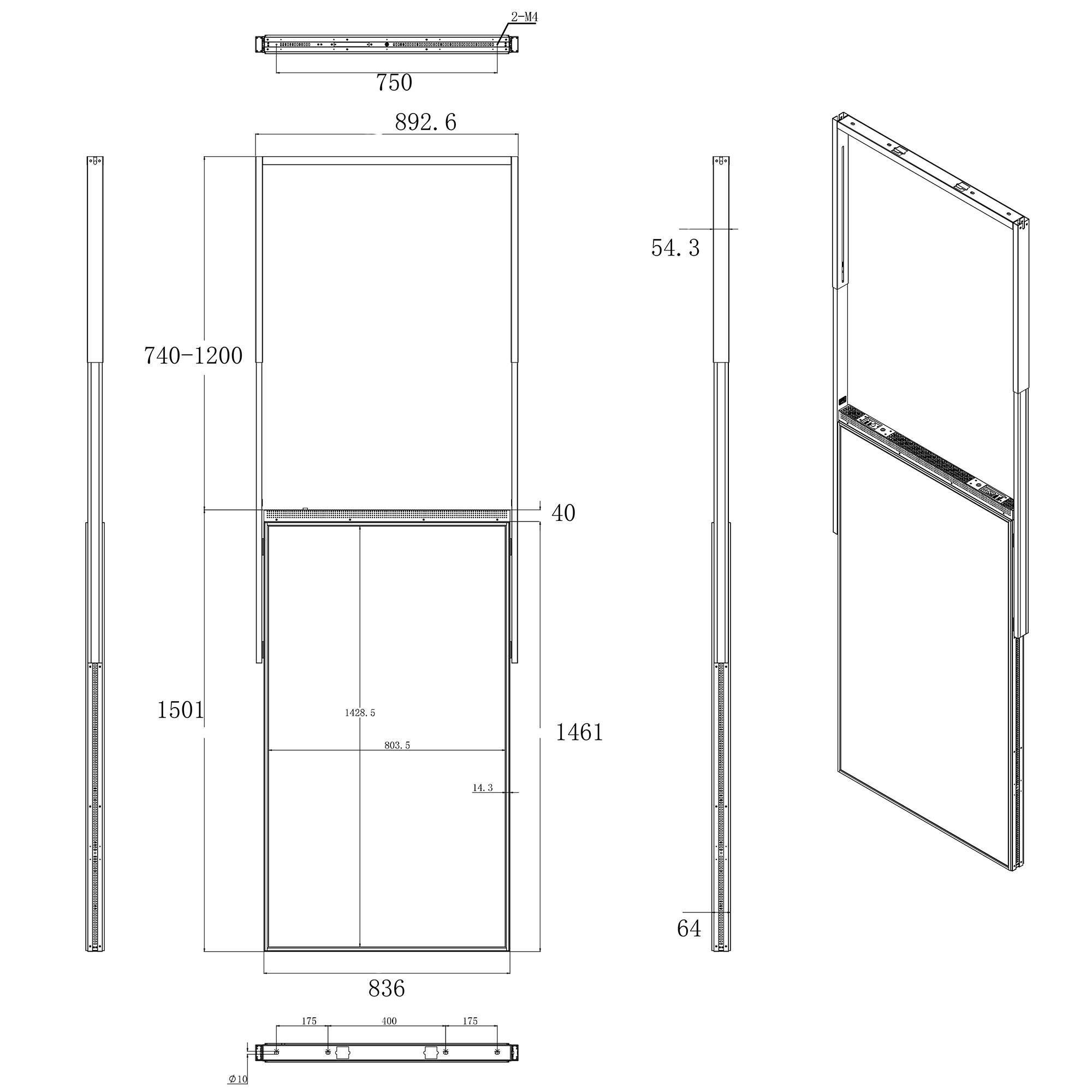 65 inch rigid bracket hanging window-facing display dimension drawing
