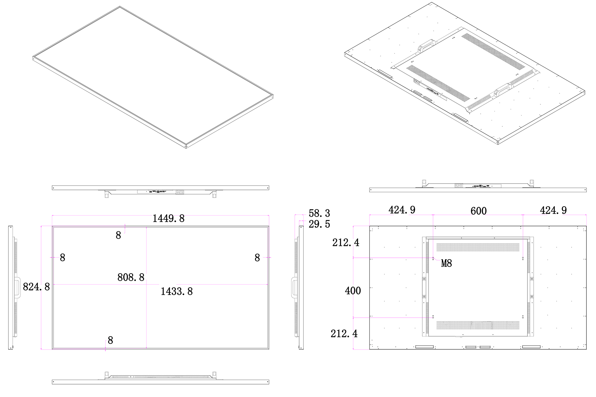 65 inch indoor digital signage display dimension drawing