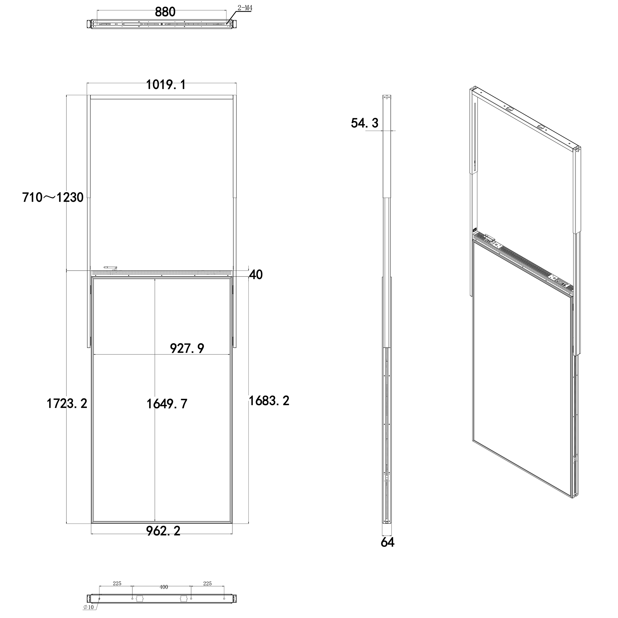 75 inch rigid bracket hanging window-facing display dimension drawing