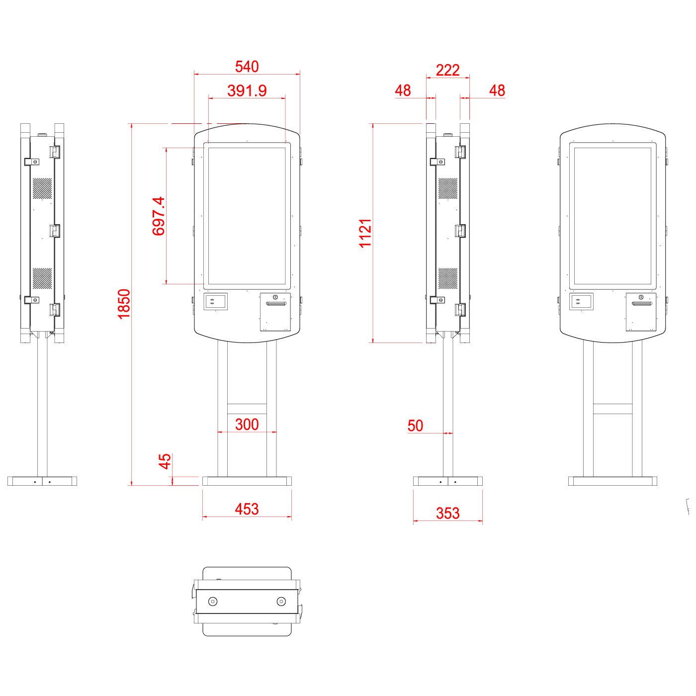 32 inch IP44 dust and splash resistant kiosk dimension drawing