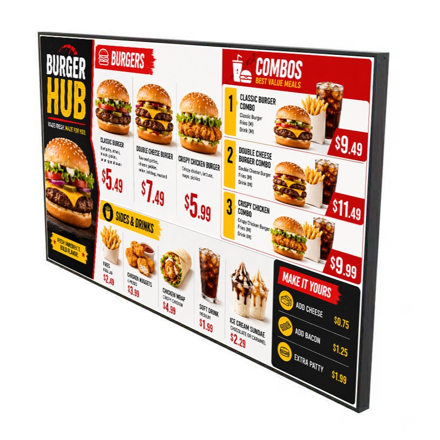 Slim-bezel indoor digital signage display for QSR menu board
