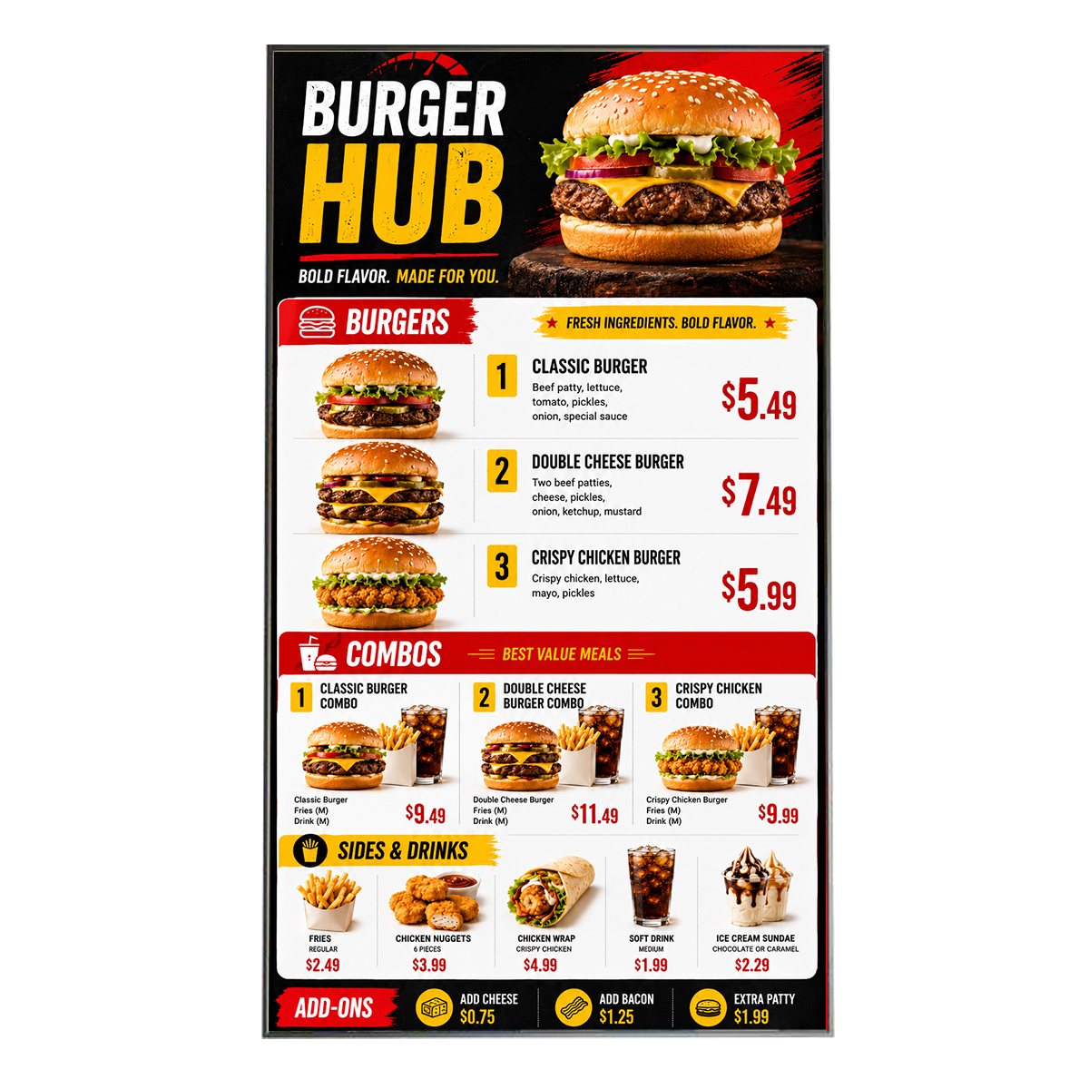 Indoor slim-bezel digital signage display for commercial menu board project