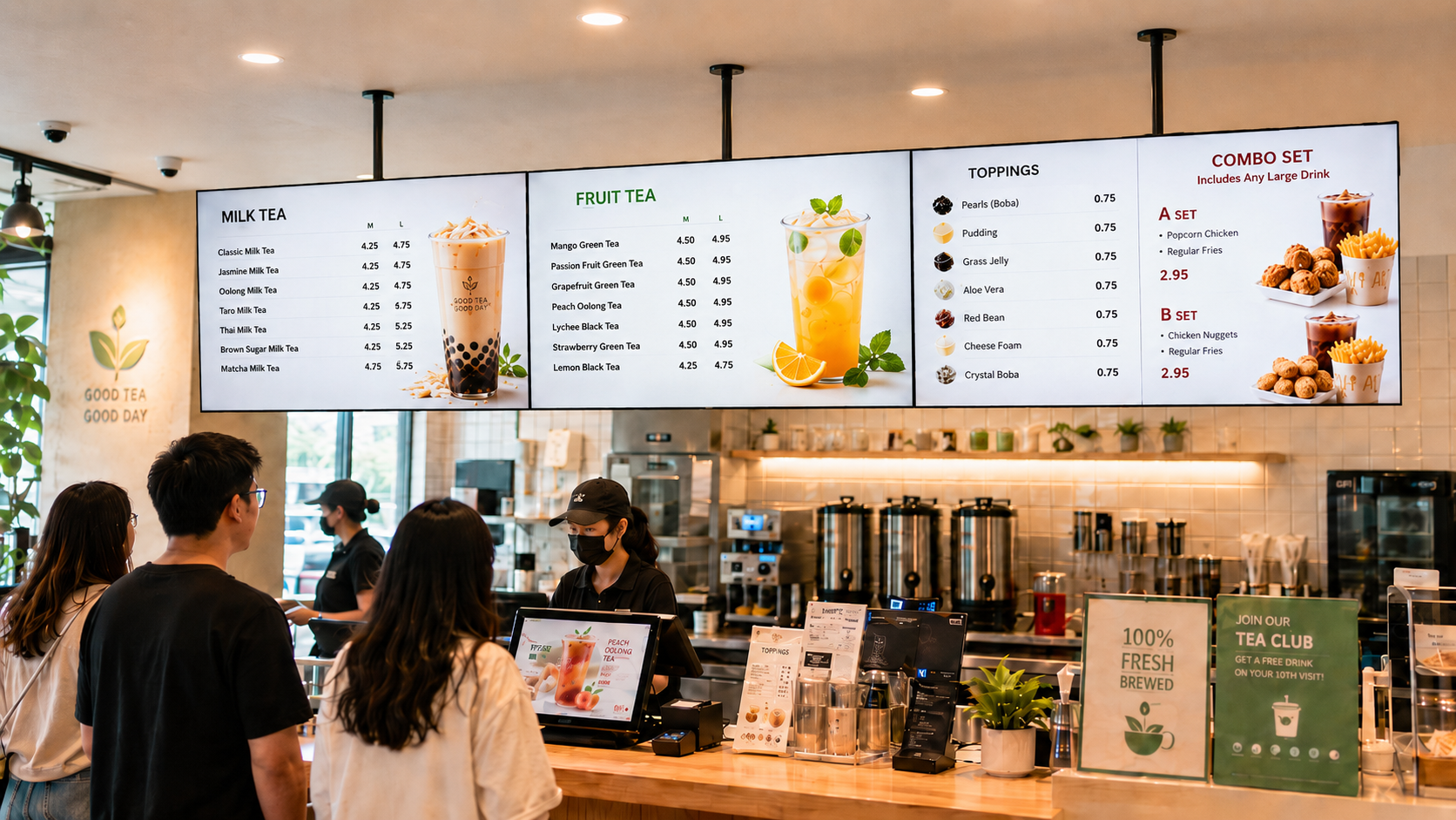 Hanging digital menu board for bubble tea shops