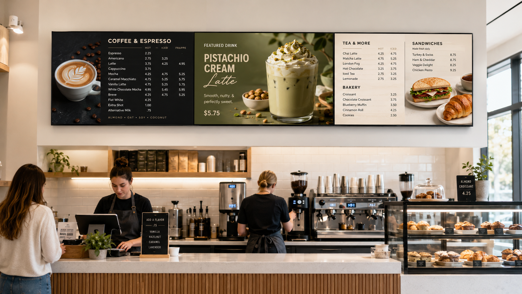 Coffee shop digital menu board scene