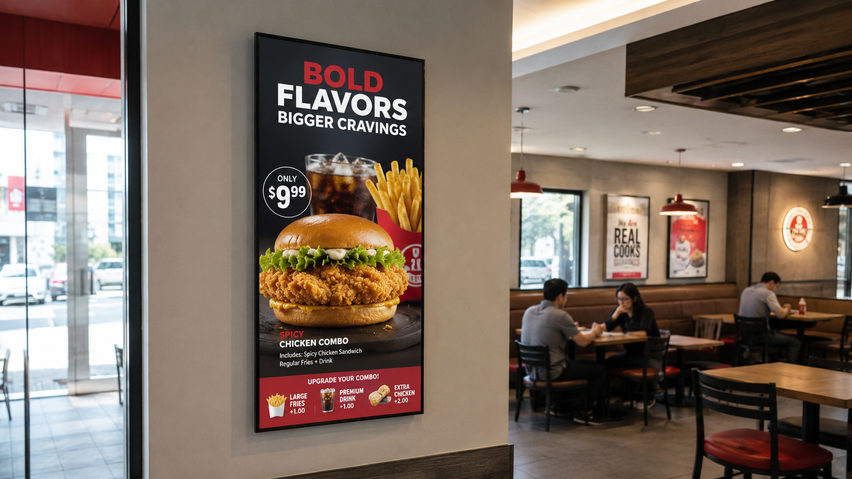 Wall-mounted digital menu board for fast casual restaurants