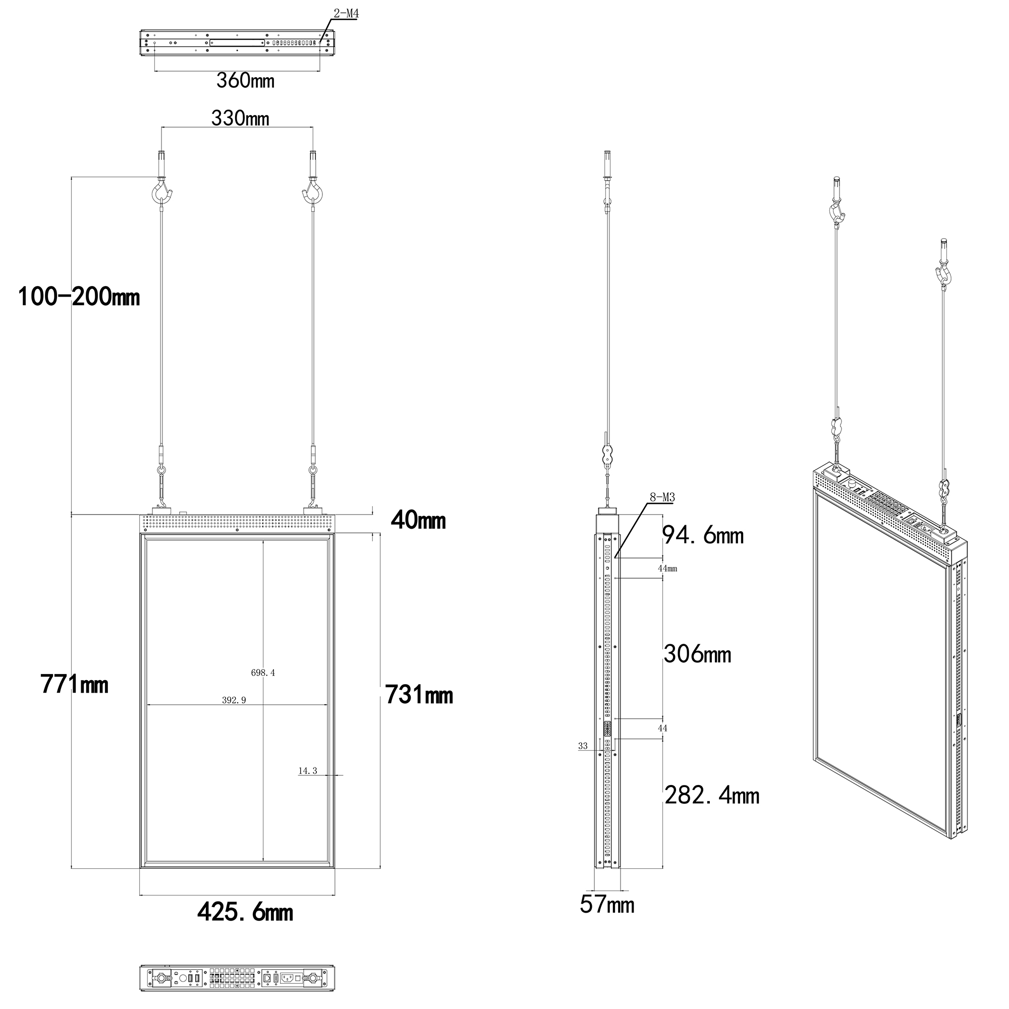 32 inch steel cable hanging window-facing display dimension drawing